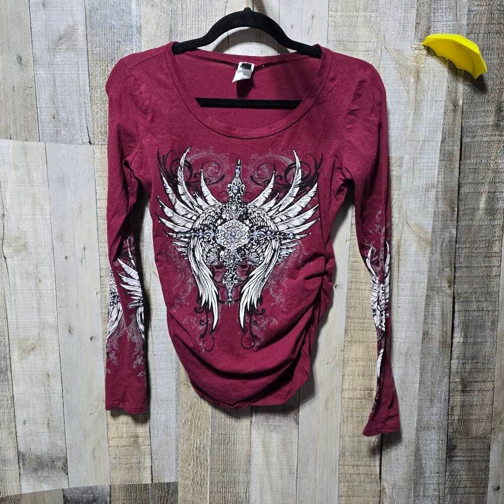 Vintage Y2K Maroon Ruched Cross Embellished Graphic Tee Large Emo Punk Goth Grun
